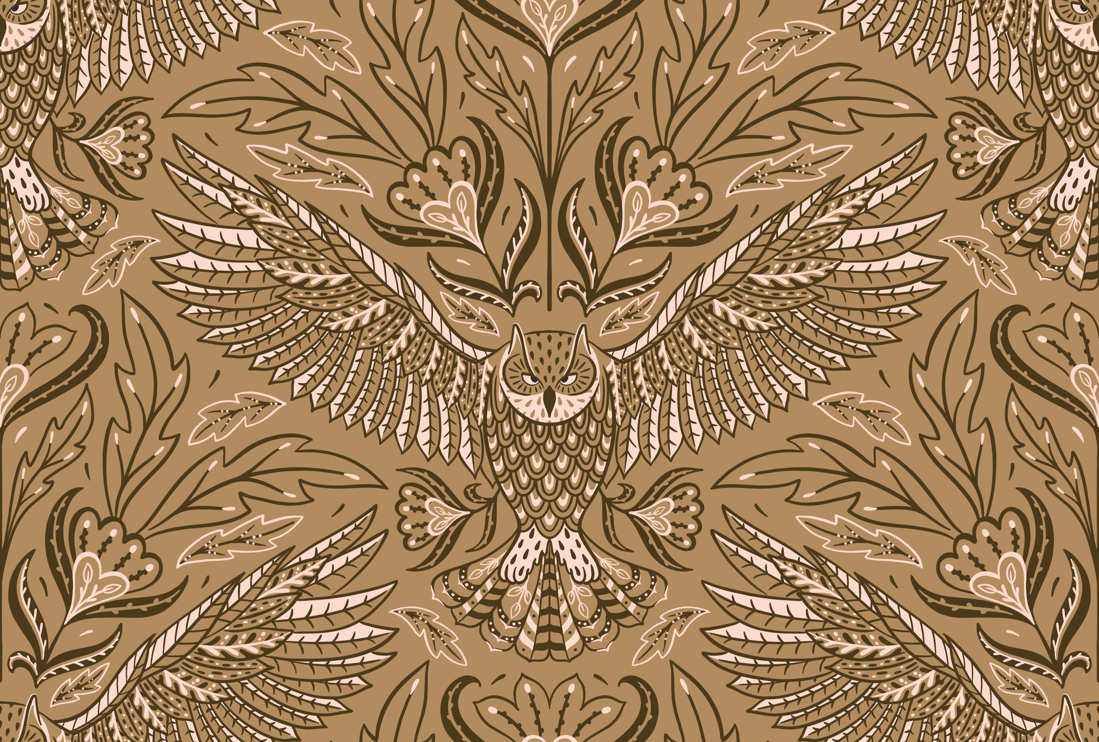 Decorative pattern with an owl design on a brown background